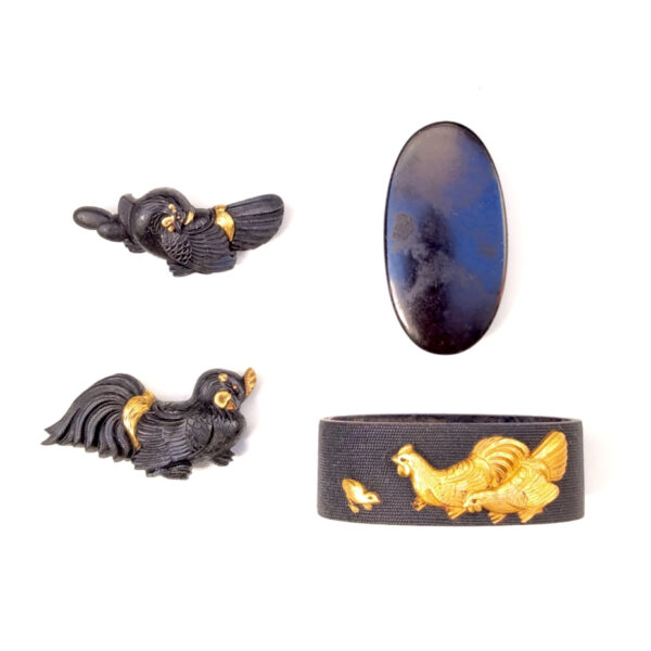 Rooster Design  Signed Fuchi Kashira and Menuki