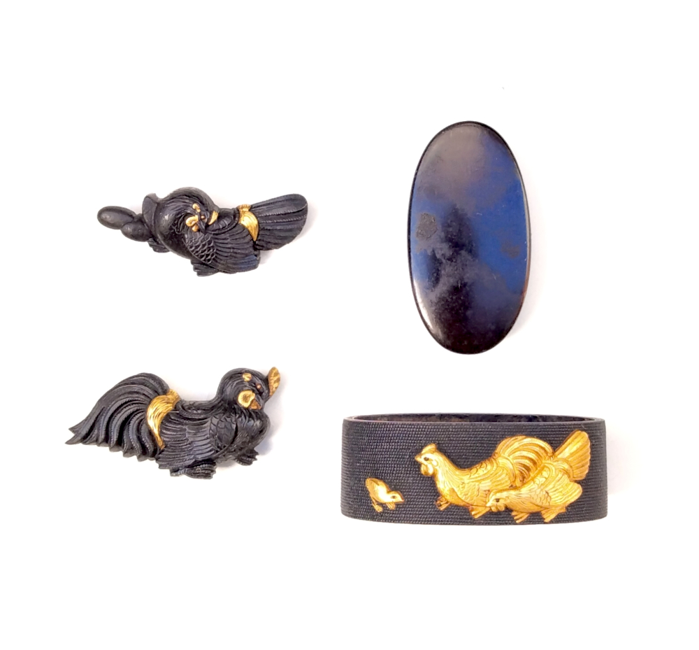 Rooster Design  Signed Fuchi Kashira and Menuki