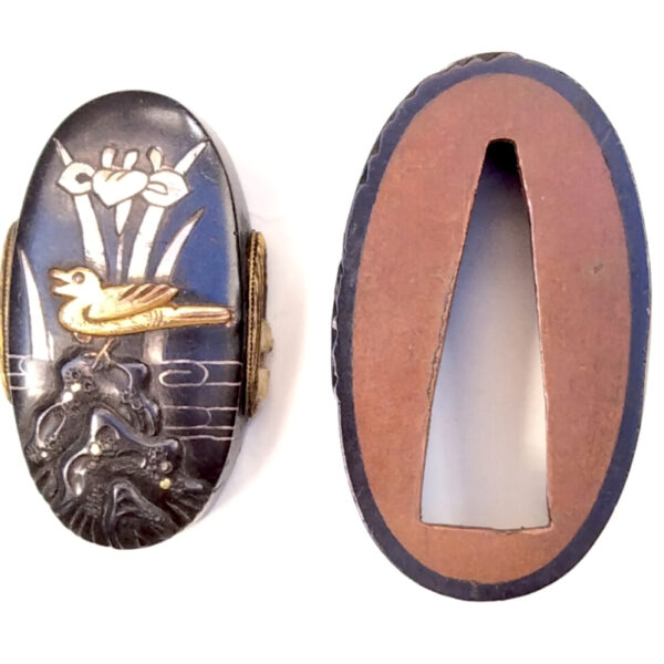 Edo Period Fuchi Kashira With Bird and Iris Design