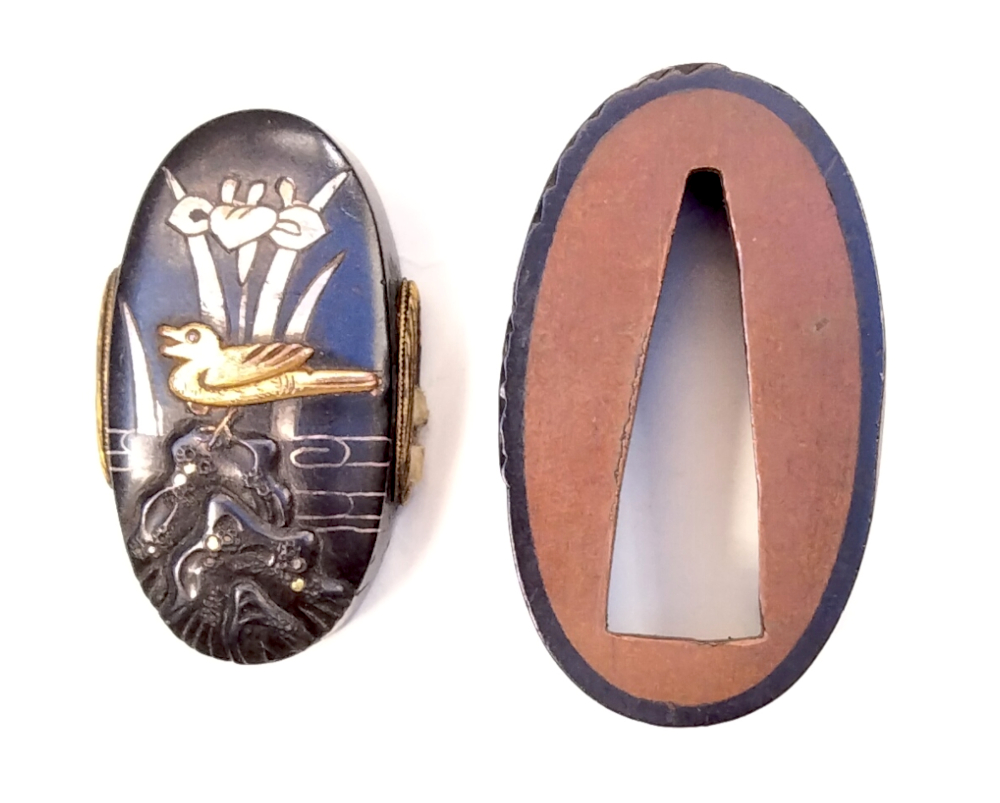 Edo Period Fuchi Kashira With Bird and Iris Design